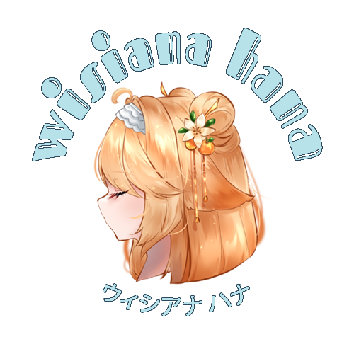 Arte decorativo de Wisiana Hana con texto en japonés y estilo kawaii en colores pastel, sin color de fondo.